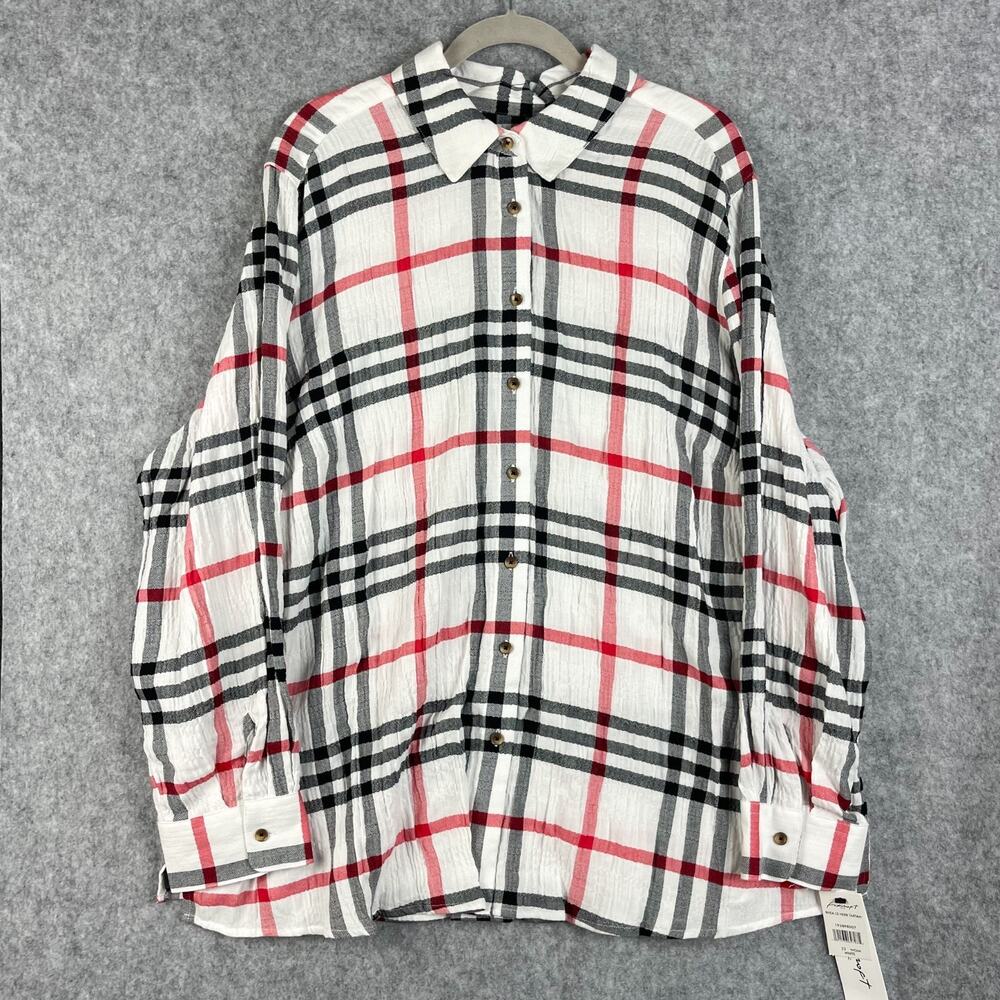 Foxcroft Rhea Tunic Top Womens 22W Herringbone Tartan Button Up Crinkle NWT